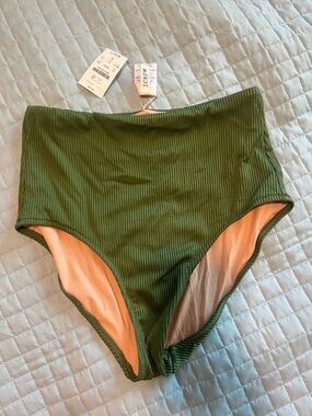 J. Crew Olive Green Ribbed High-Rise Bikini Bottom with Peach Lining